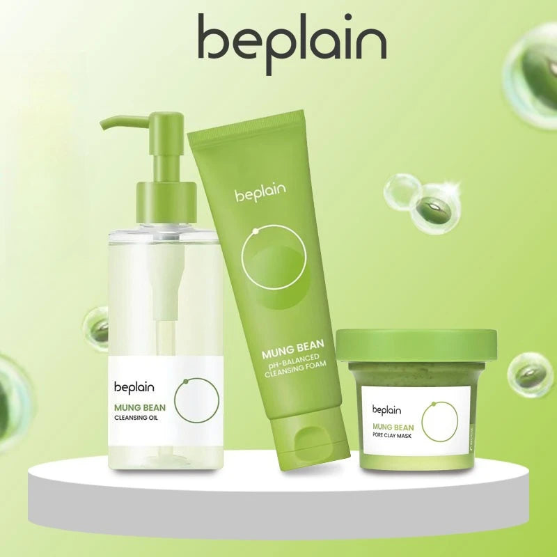 Beplain Green Bean Sensitive Skin Gentle Facial Cleanser 80ml+Mud Mask 120ml+Makeup Removal Oil 200ml Care Set
